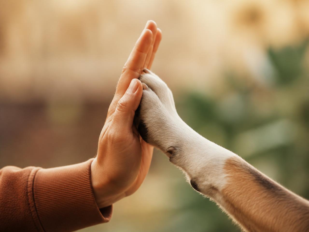 Bir insan eli ile bir köpeğin patisi nazikçe birbirine değiyor.